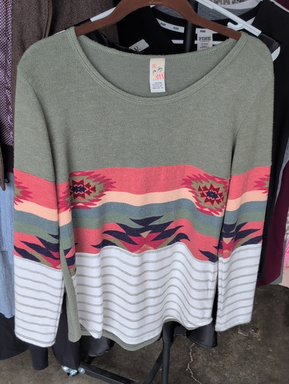 7th Ray Light Sage Green Top Aztec Design